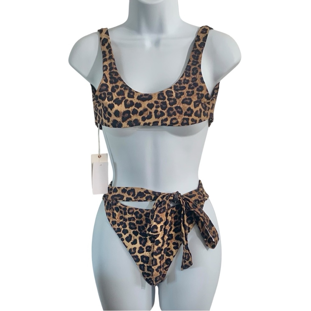 GOOD AMERICAN Leopard Print Hi Cut Tie Bottom Bikini Set Sz 0